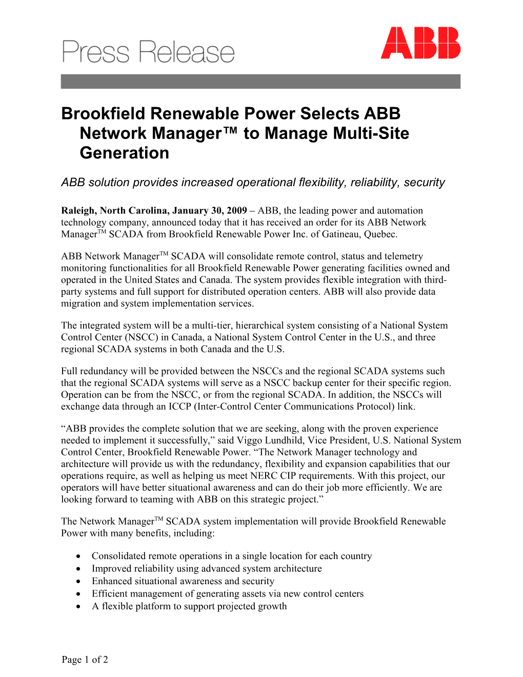 Brookfield Renewable Power Selects ABB Network Manager to Manage Multi-Site Generation