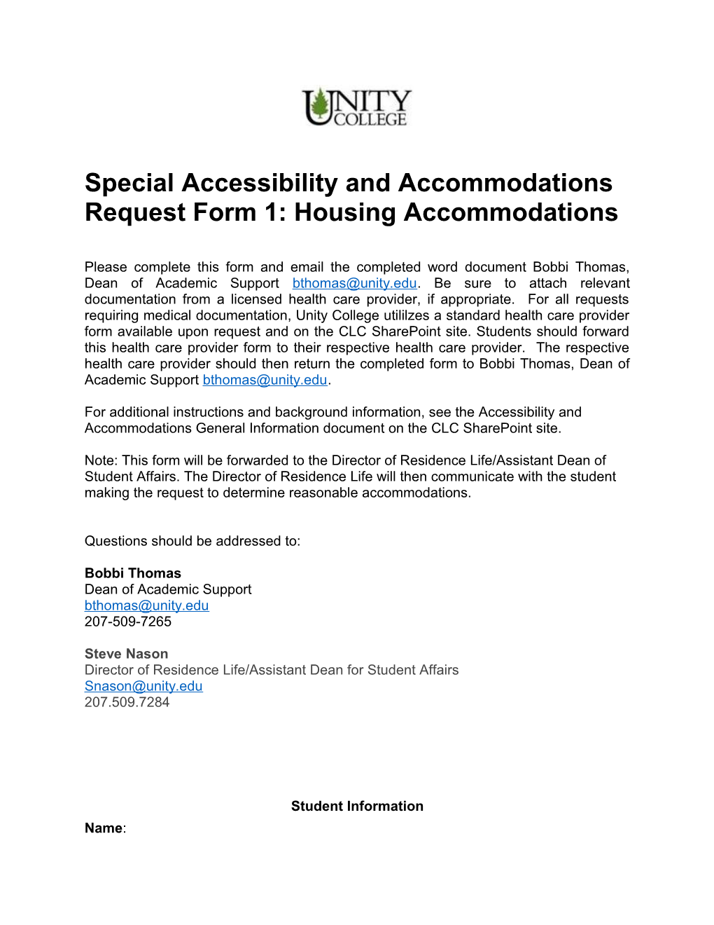 Special Accessibility and Accommodations Request Form 1: Housing Accommodations