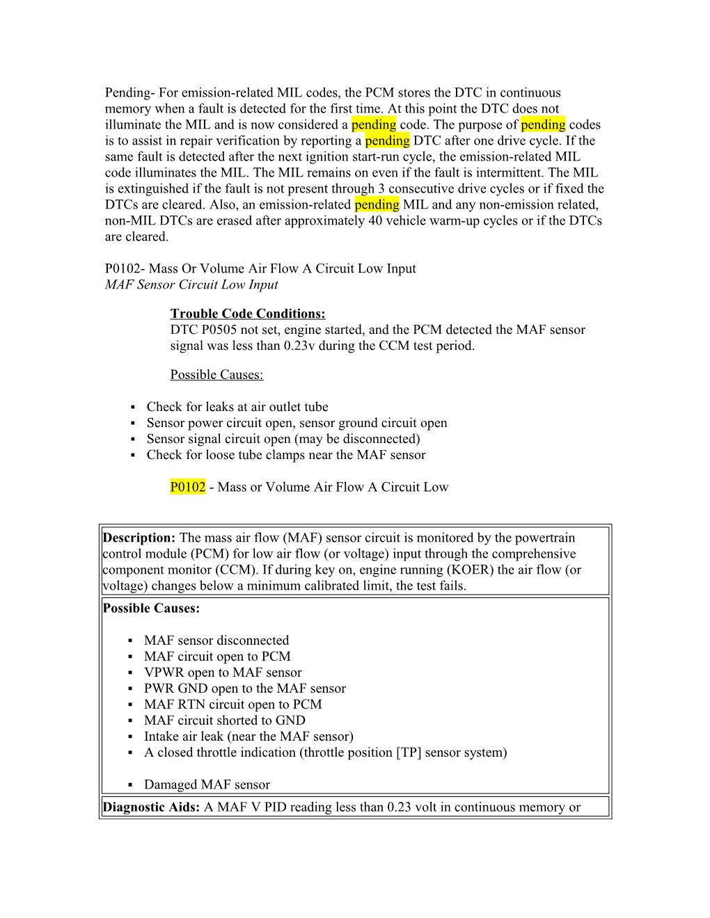 P0102-Mass Or Volume Air Flow a Circuit Low Input