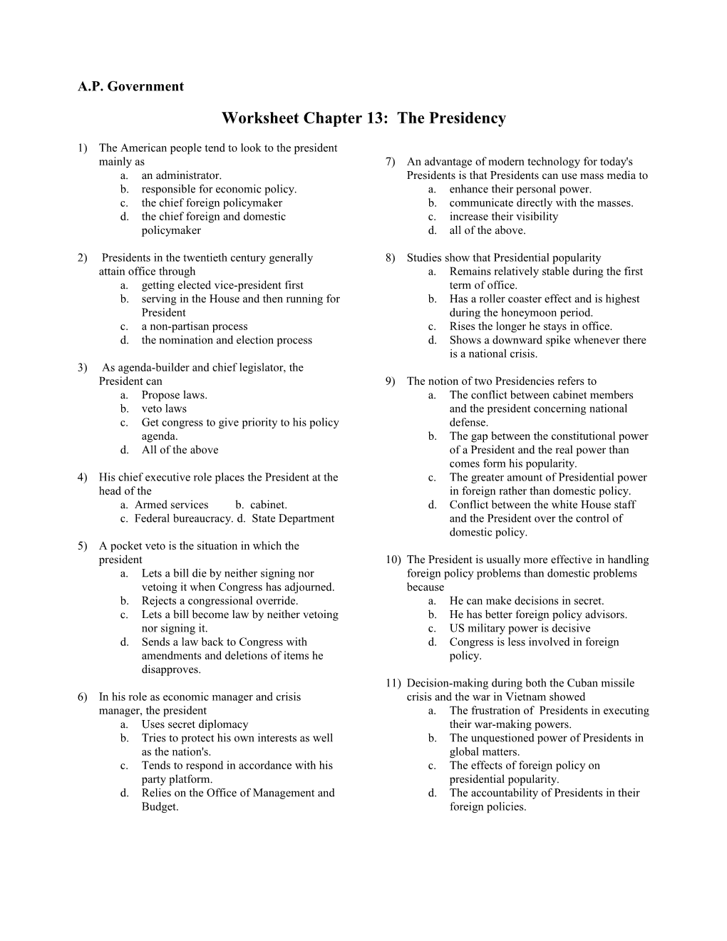Worksheet Chapter 13: the Presidency