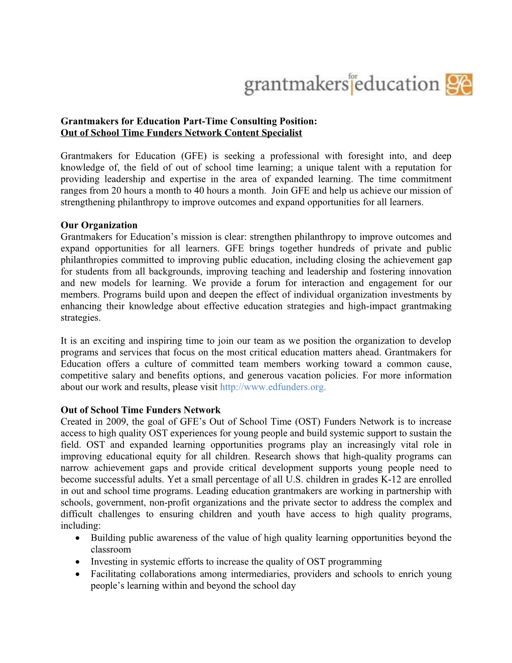 Grantmakers for Education Part-Time Consulting Position