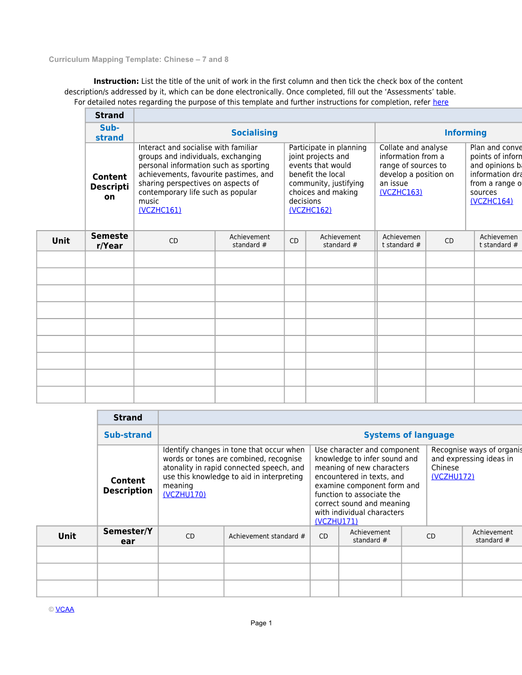 Curriculum Mapping Template: Chinese 7 and 8