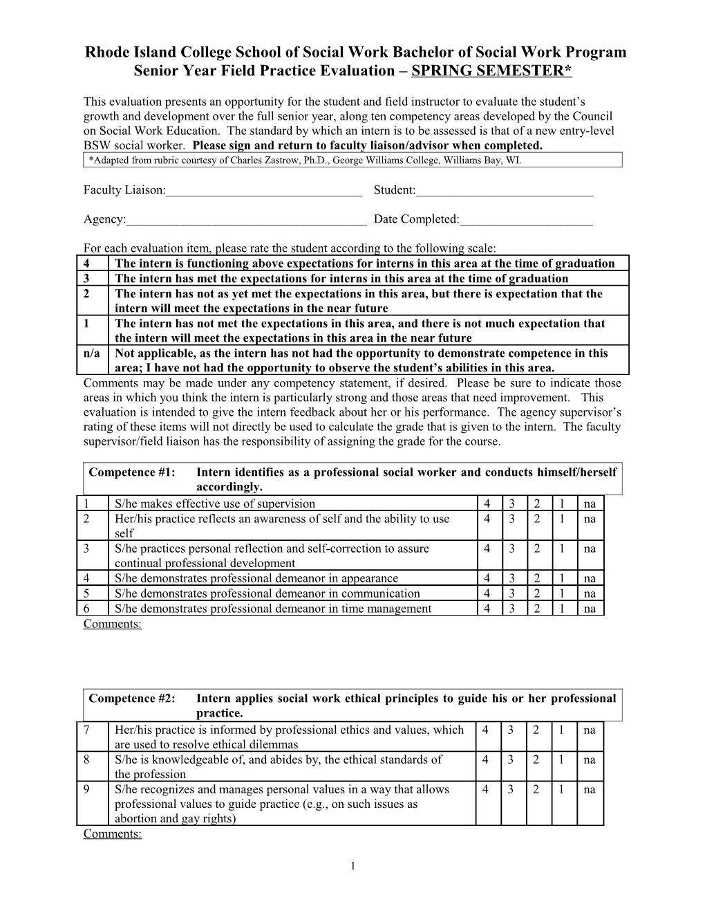 Rating Scale for Evaluation of Field Placement Performance