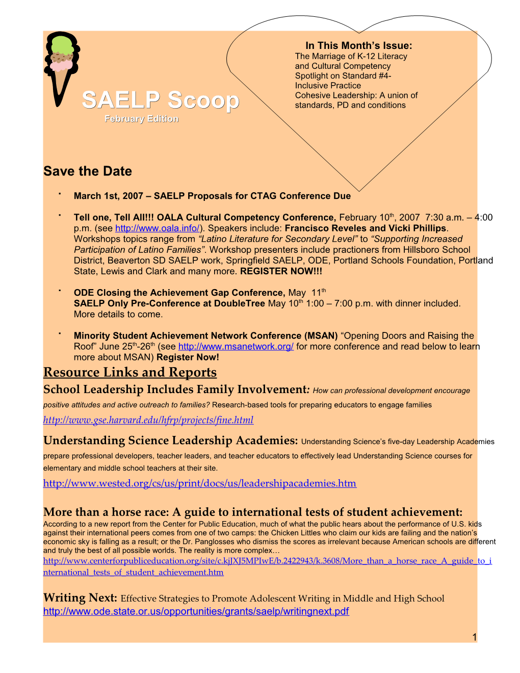 March 1St, 2007 SAELP Proposals for CTAG Conference Due