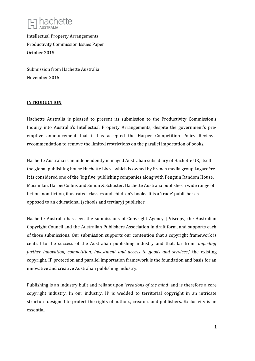 Submission 41 - Hachette Australia - Intellectual Property Arrangements - Public Inquiry