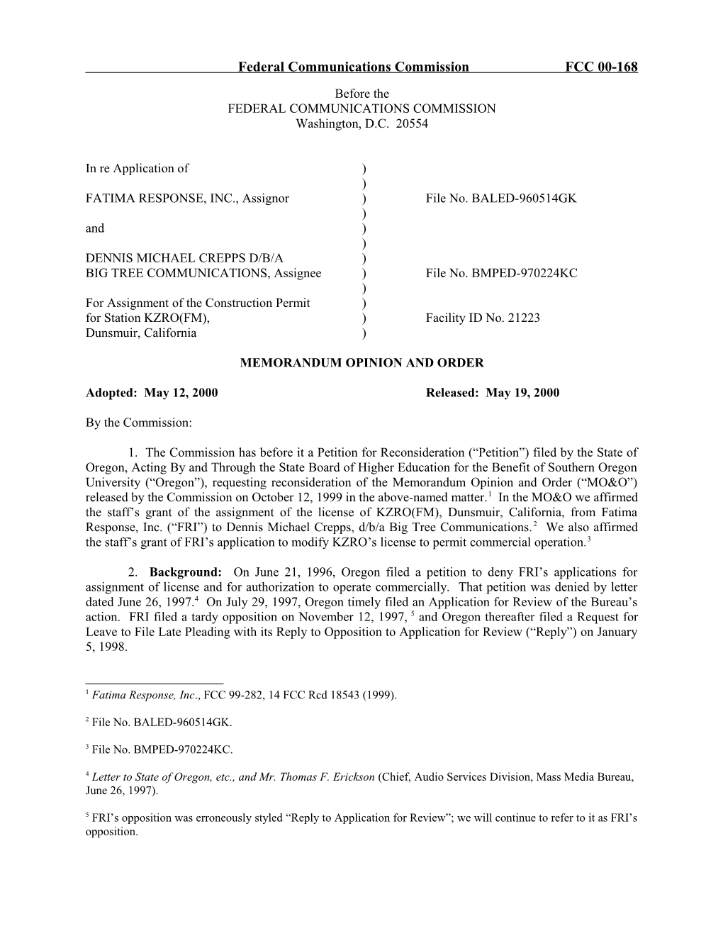 Federal Communications Commission FCC 00-168