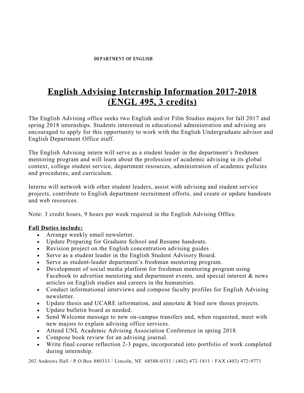 English Advising Internshipinformation 2017-2018
