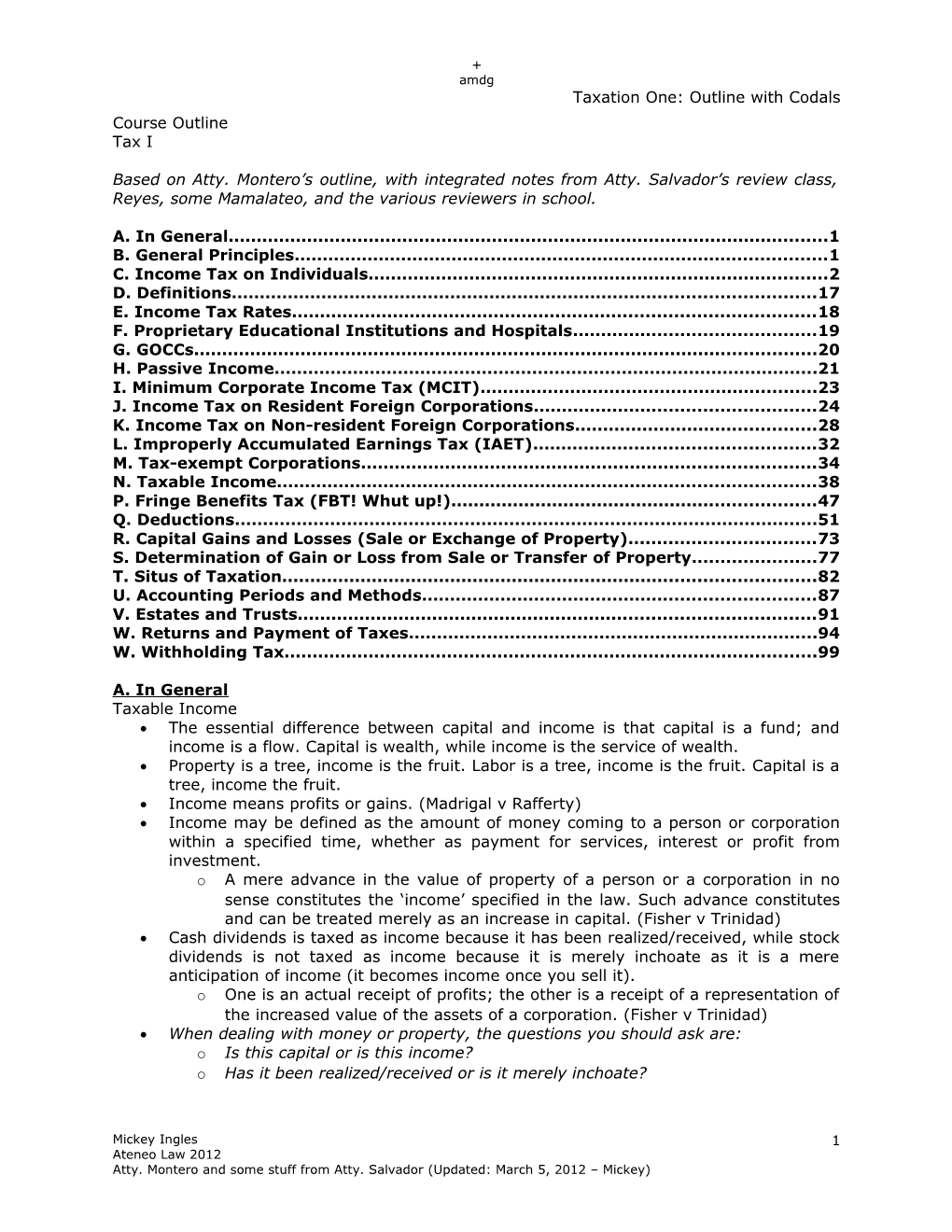 Taxation One: Outline with Codals