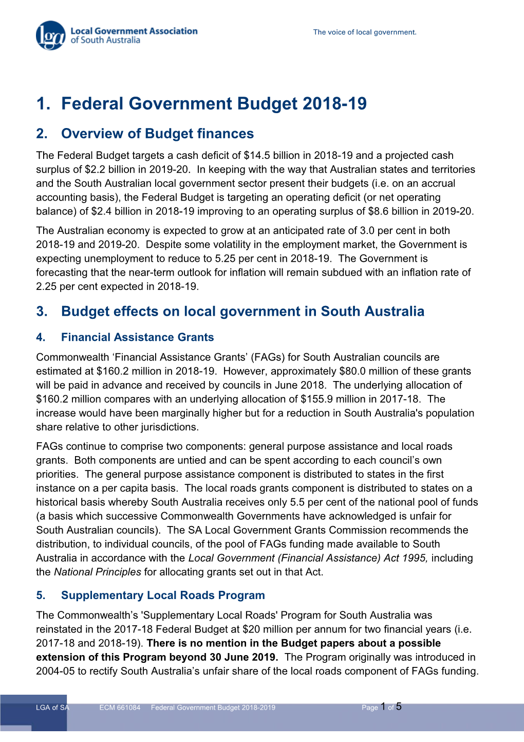 Federal Government Budget 2018-19