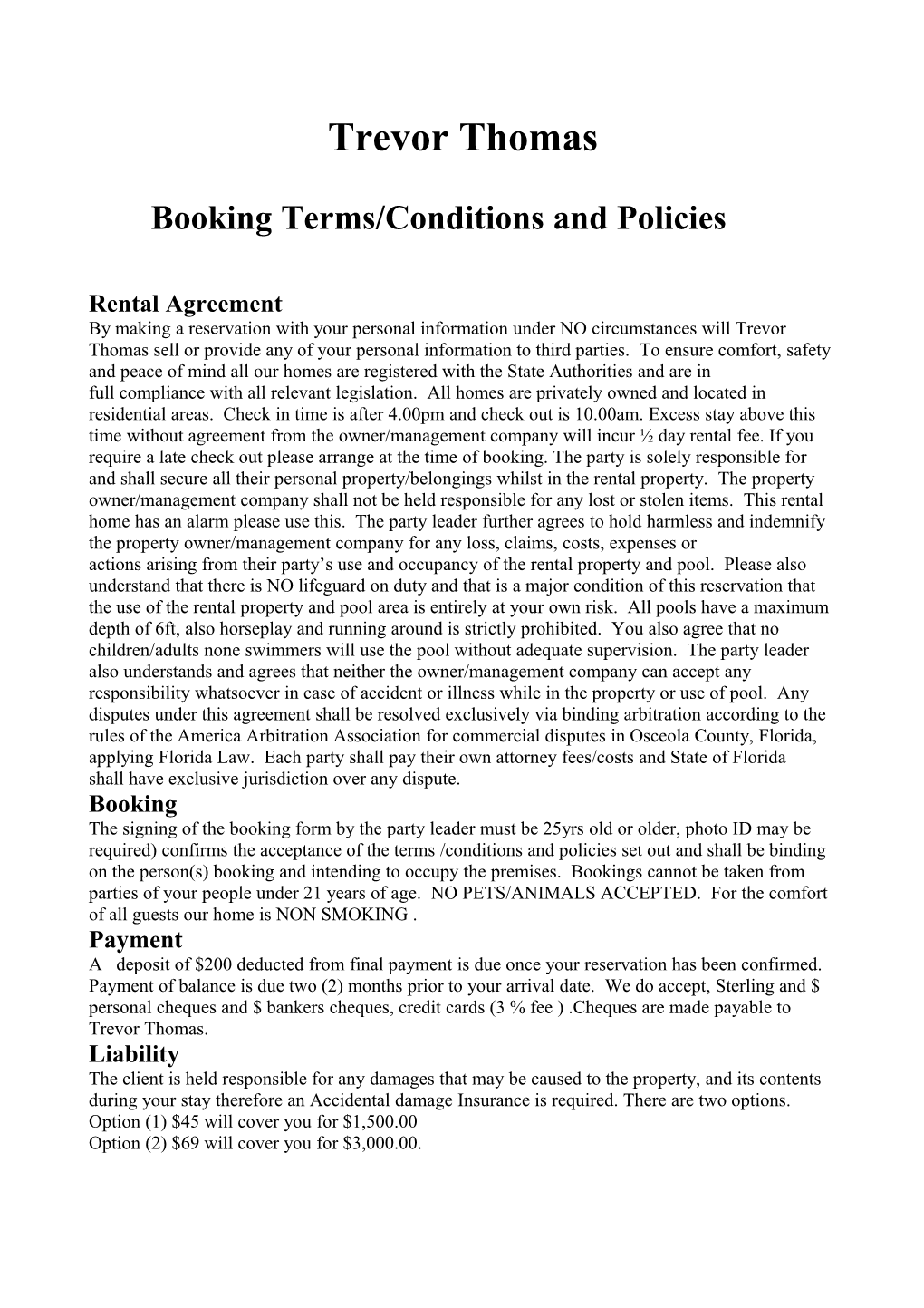 Booking Terms/Conditions and Policies