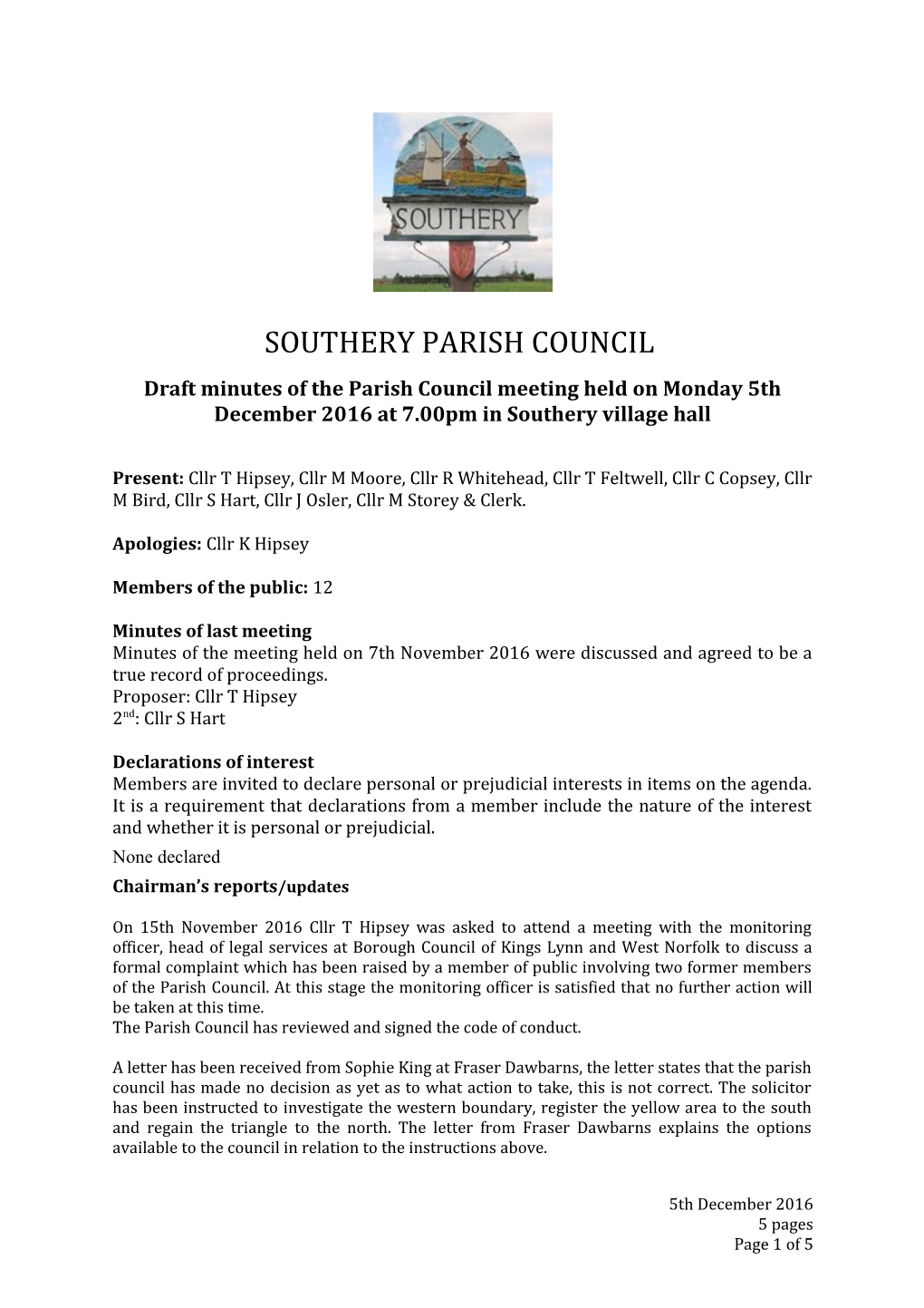 Draft Minutes of Theparish Council Meetingheld on Monday 5Th December 2016 At7.00Pm In
