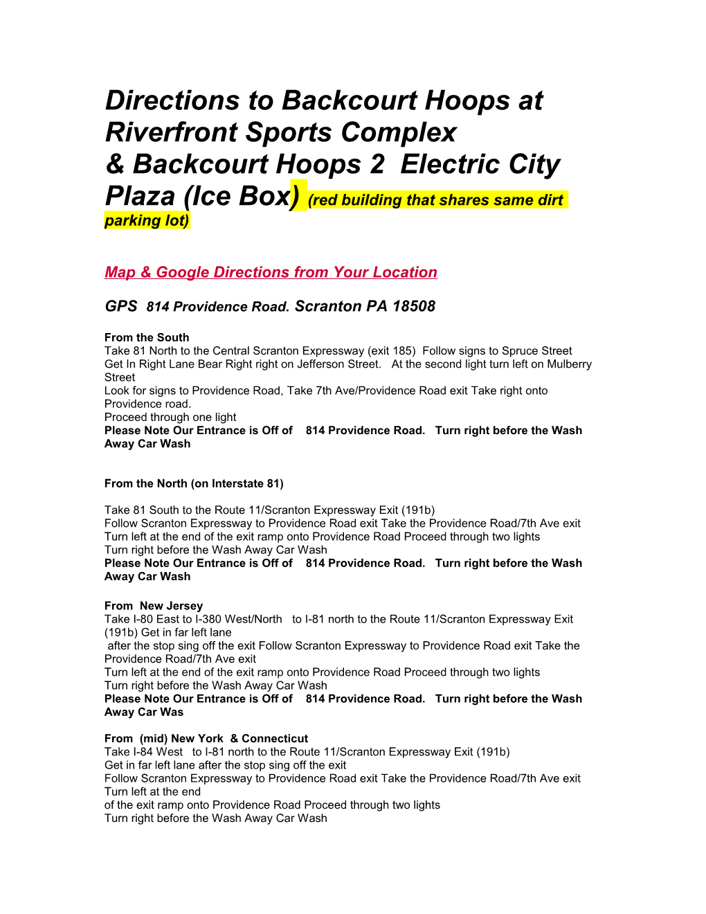 Directions to Backcourt Hoops at Riverfront Sports Complex