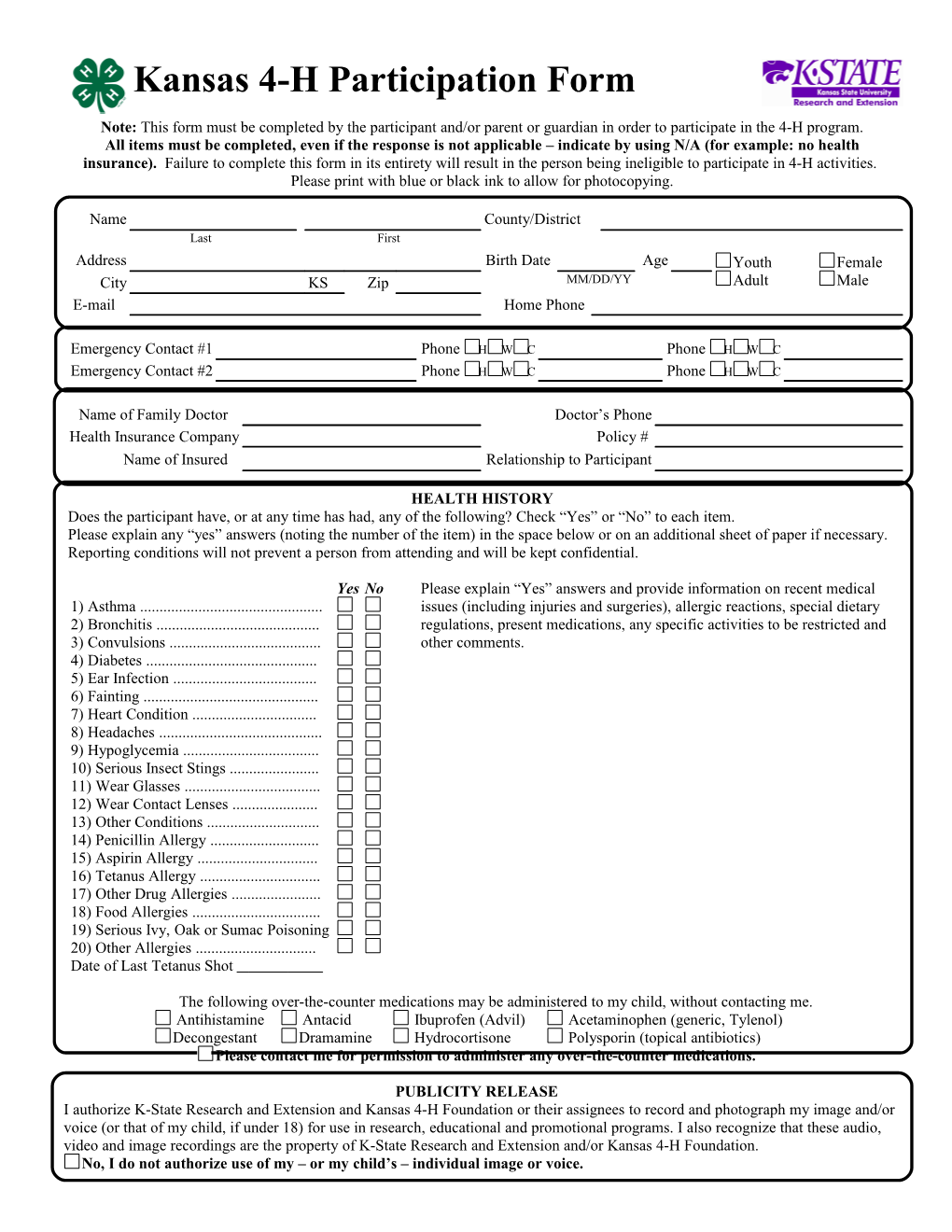 Kansas 4-H Participation Form
