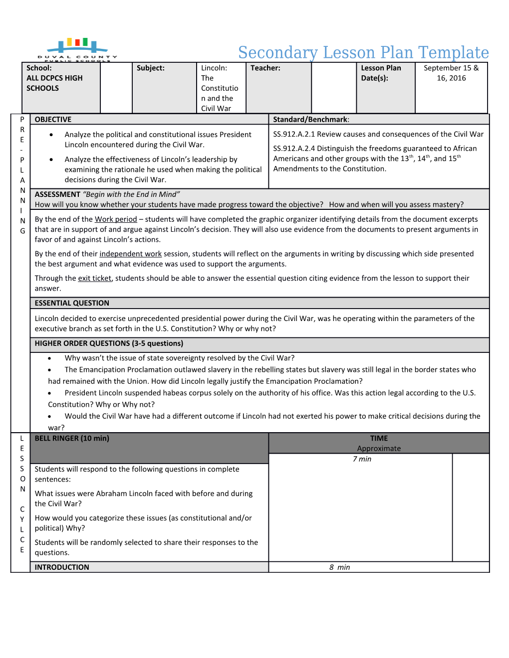 Secondary Lesson Plan Template