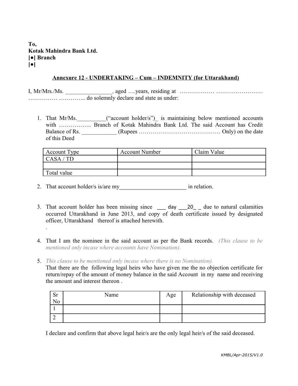 Agreement of Indemnity for Sole Deposit Holder