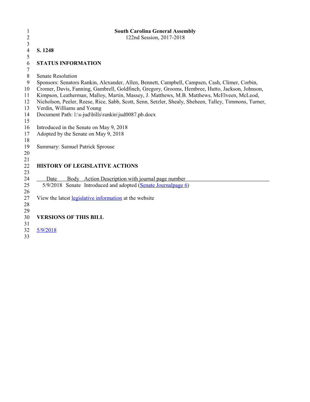 2017-2018 Bill 1248: Samuel Patrick Sprouse - South Carolina Legislature Online