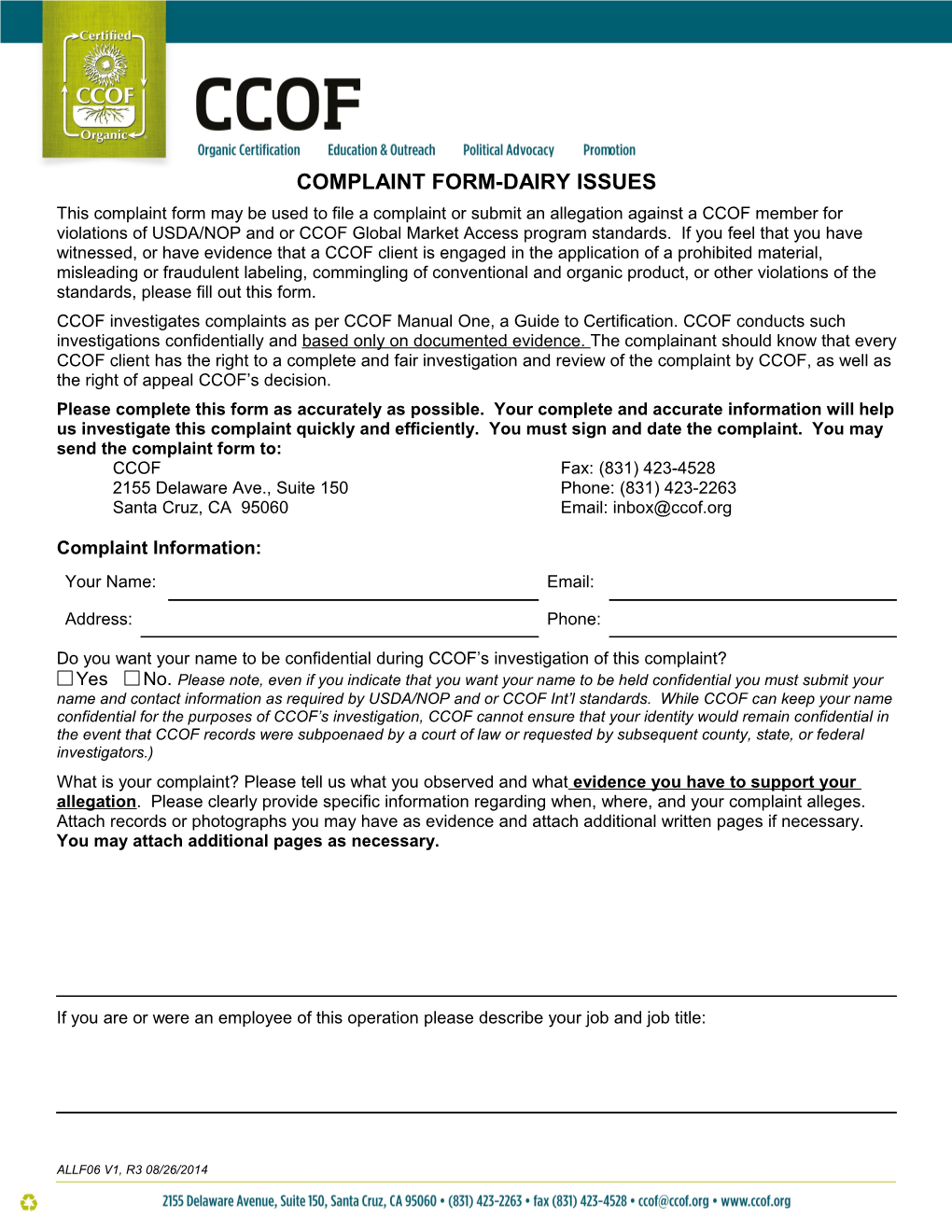 Complaint Form-Dairy Issues