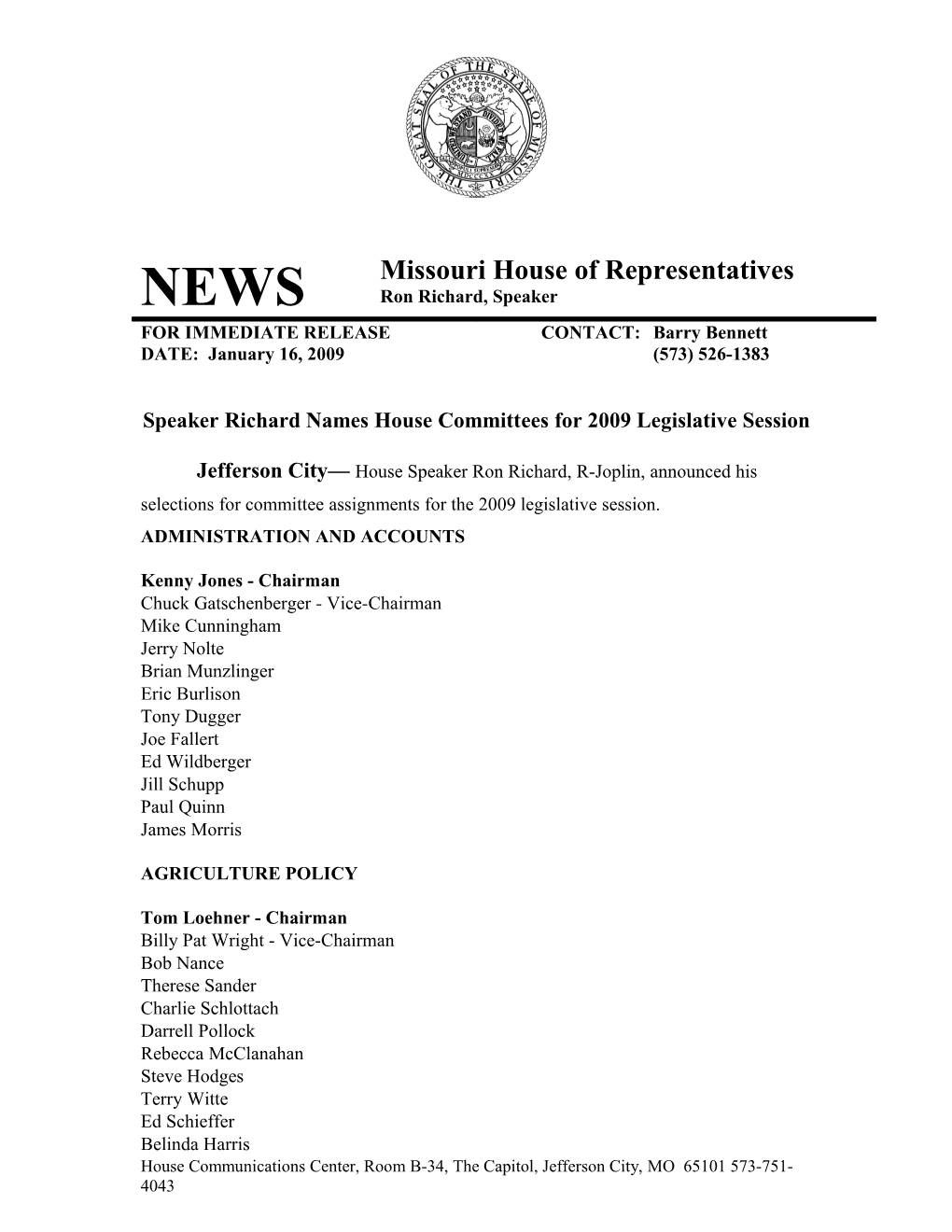 Speaker Richard Names House Committees for 2009 Legislative Session