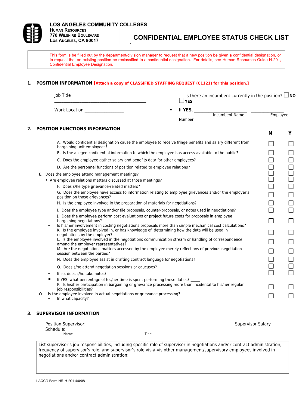 Confidential Employee Status Checklist