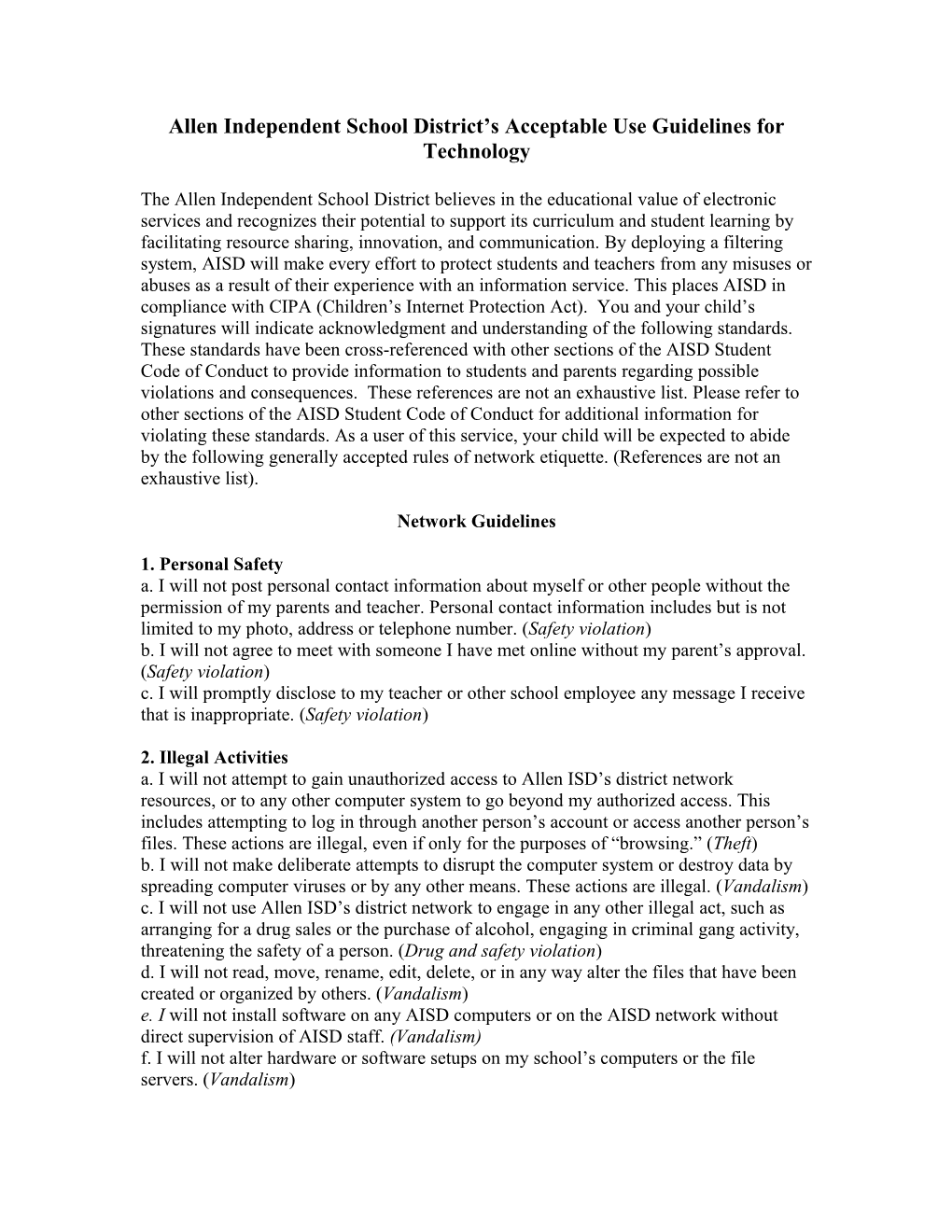 Allen Independent School District S Acceptable Use Guidelines for Technology