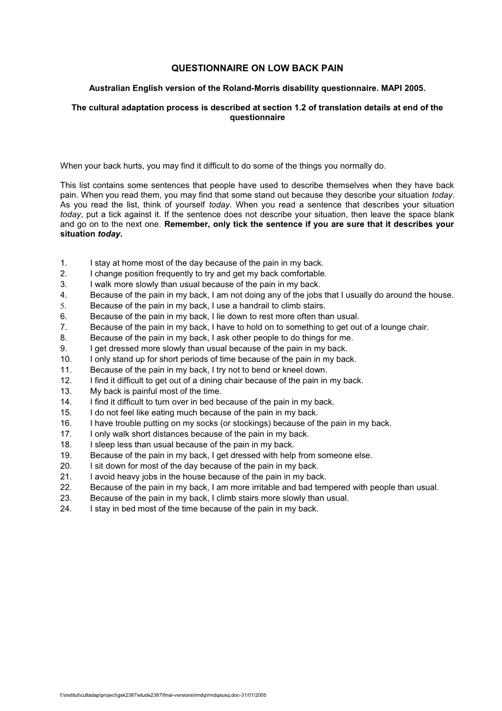 Disability Rating Scale for Low Back Pain