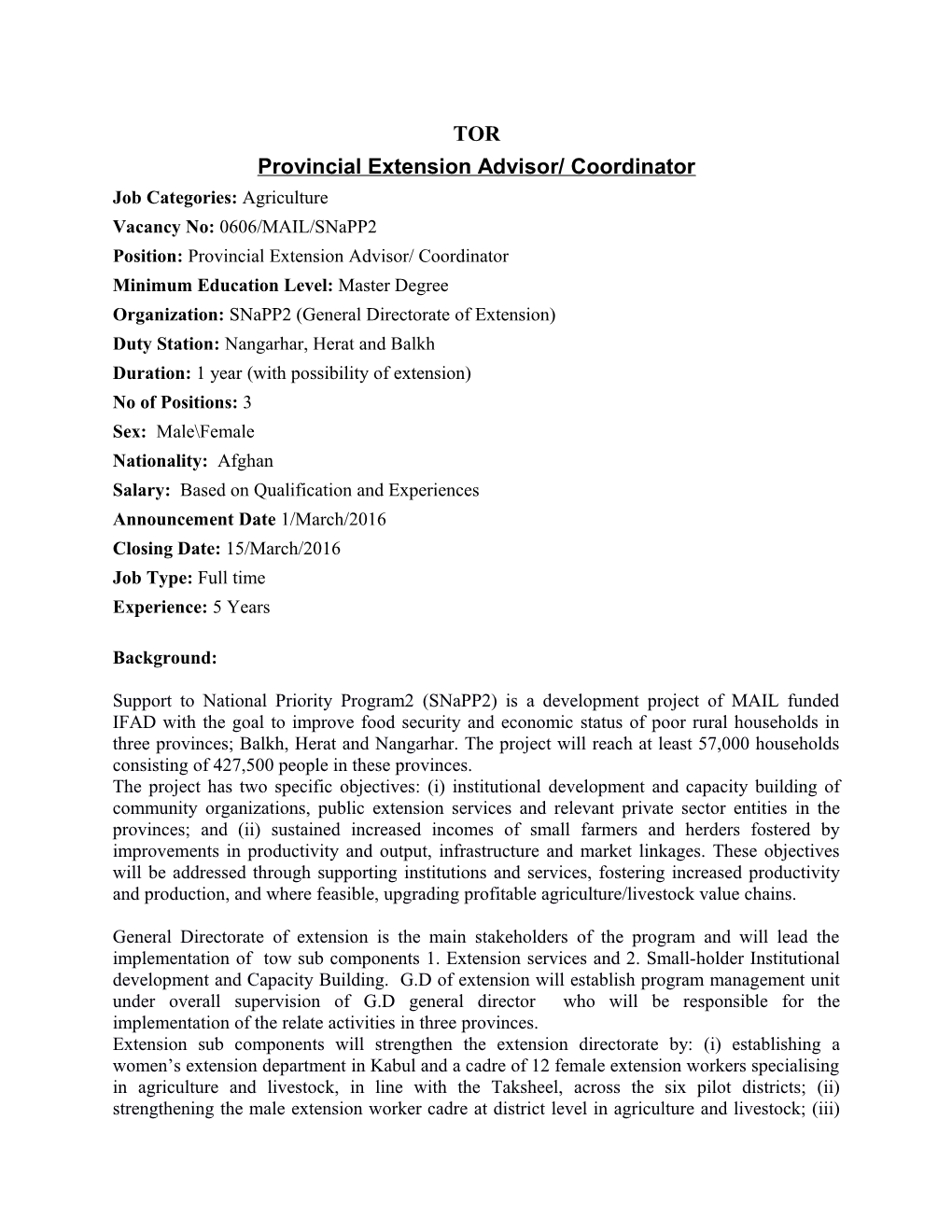 Provincial Extension Advisor/ Coordinator