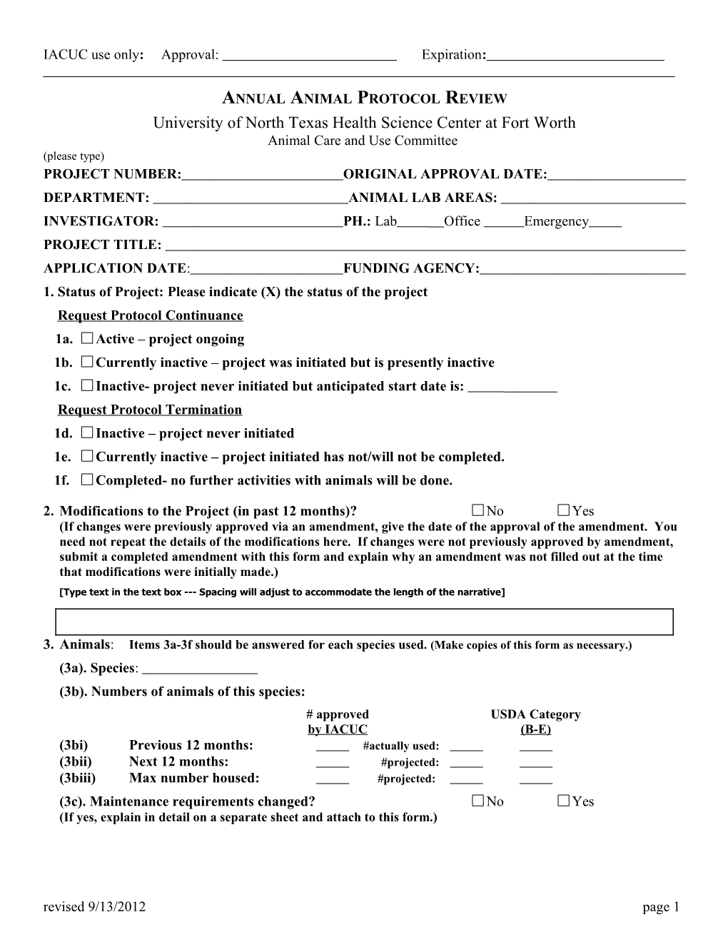 IACUC Annual Review Form (Rev. 3/3/200)