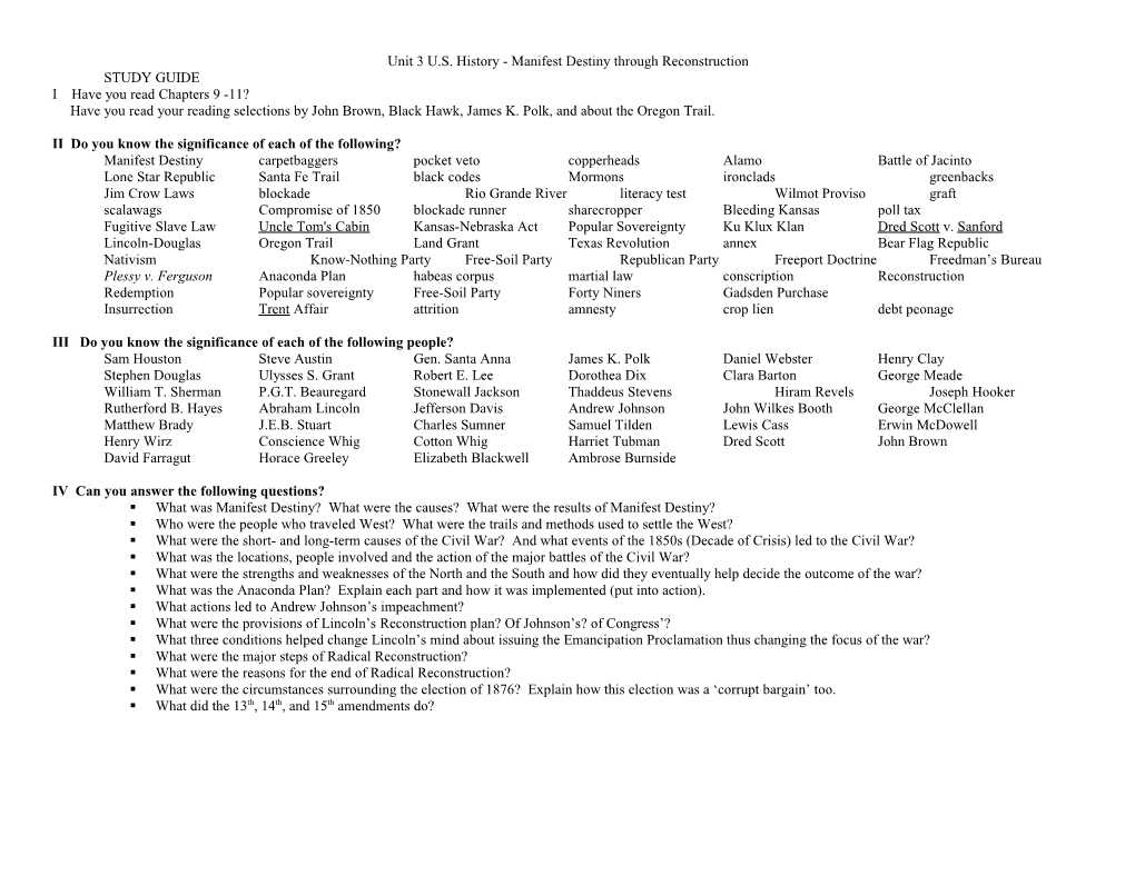 Unit 3U.S. History - Manifest Destiny Through Reconstruction