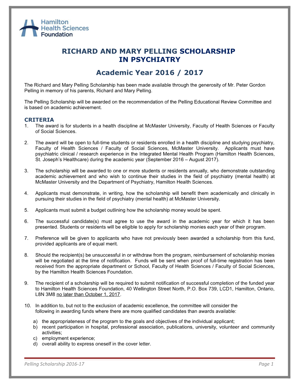 Richard and Mary Pelling Scholarship