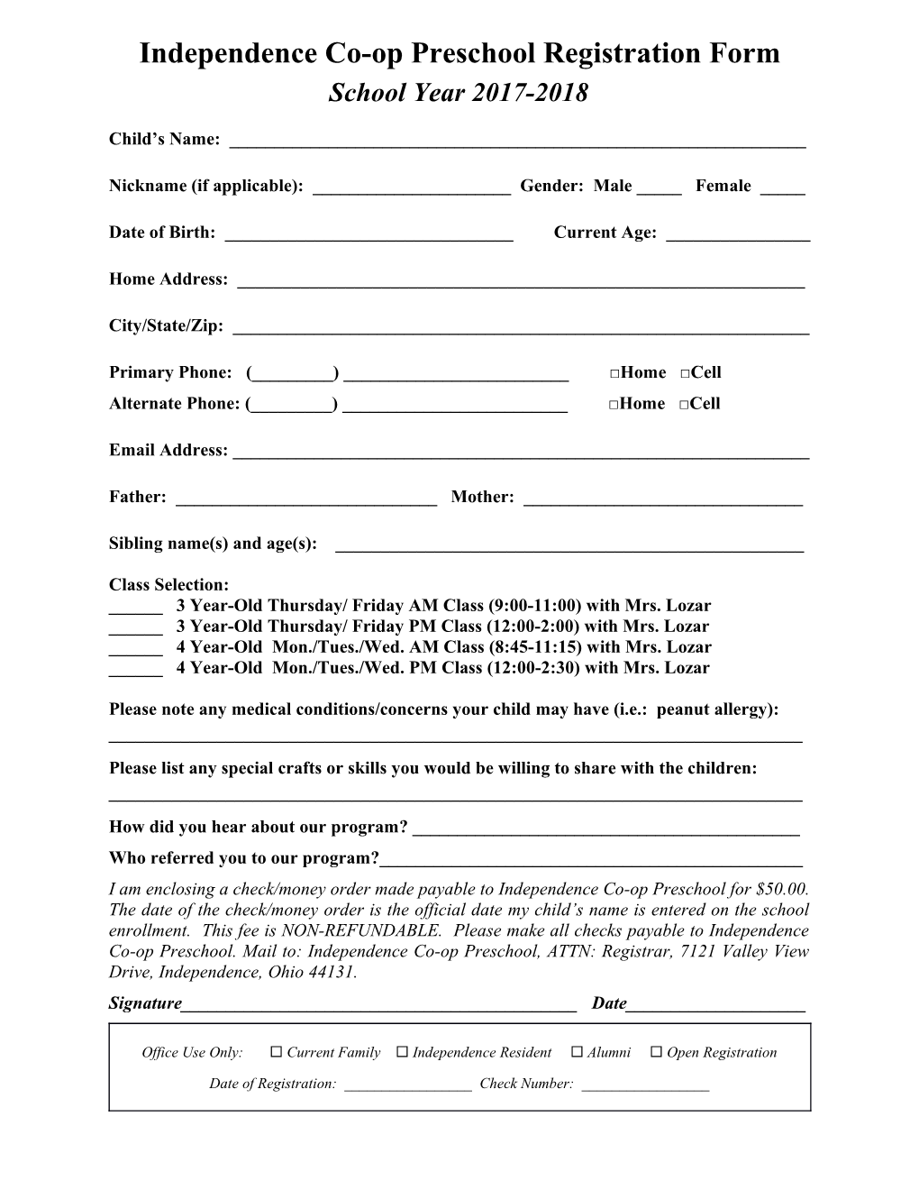 Independence Co-Op Preschool Registration Form