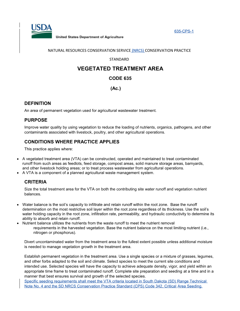 Conservation Practice Standard 635, Vegetated Treatment Area