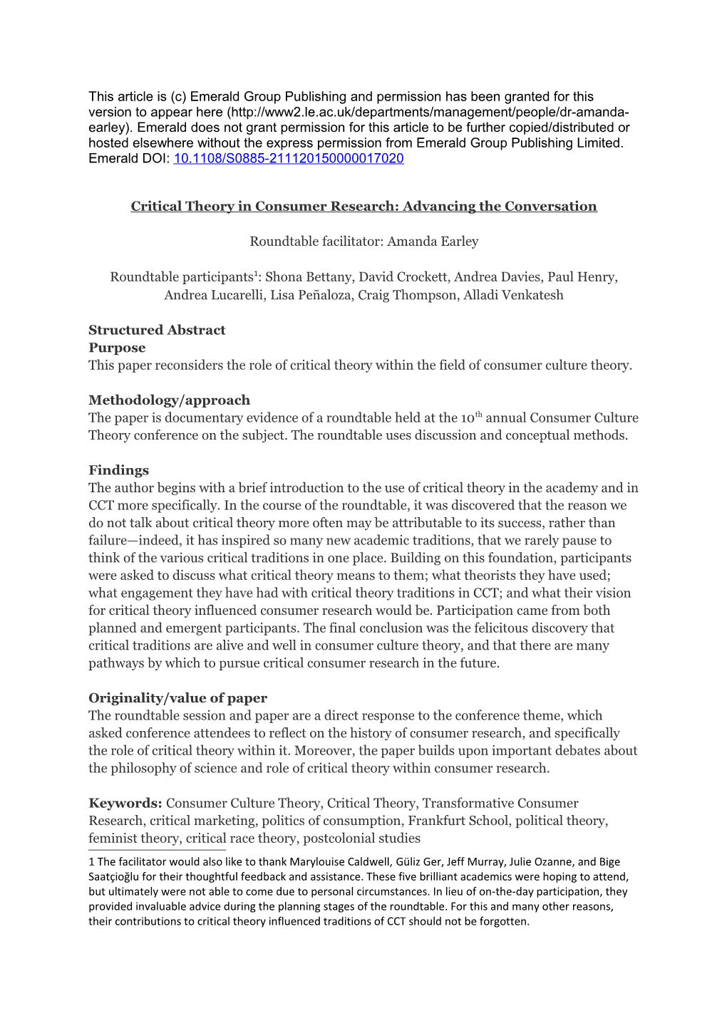 Critical Theory in Consumer Research: Advancing the Conversation