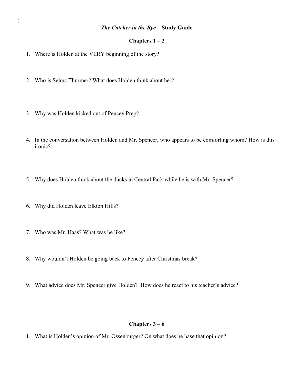 The Catcher in the Rye Study Guide