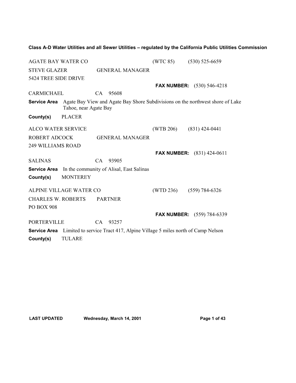 Water Division Utility Masterlist