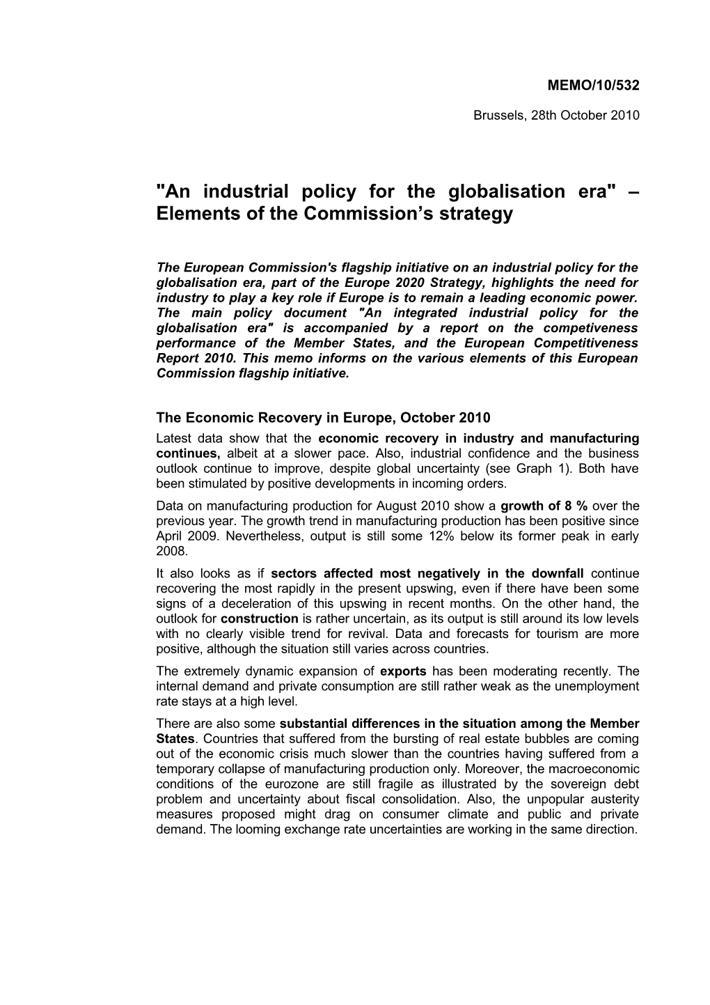 An Industrial Policy for the Globalisation Era Elements of the Commission S Strategy