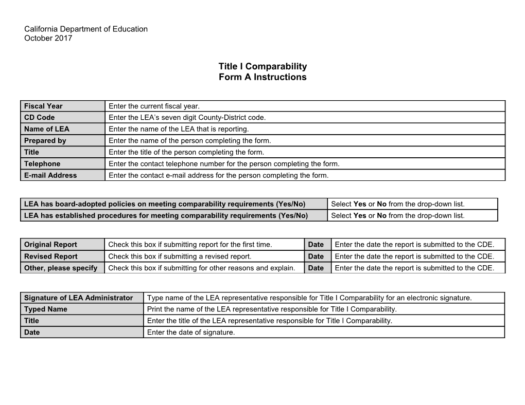 Comparability Form Instructions - Title I, Part a (CA Department of Education)