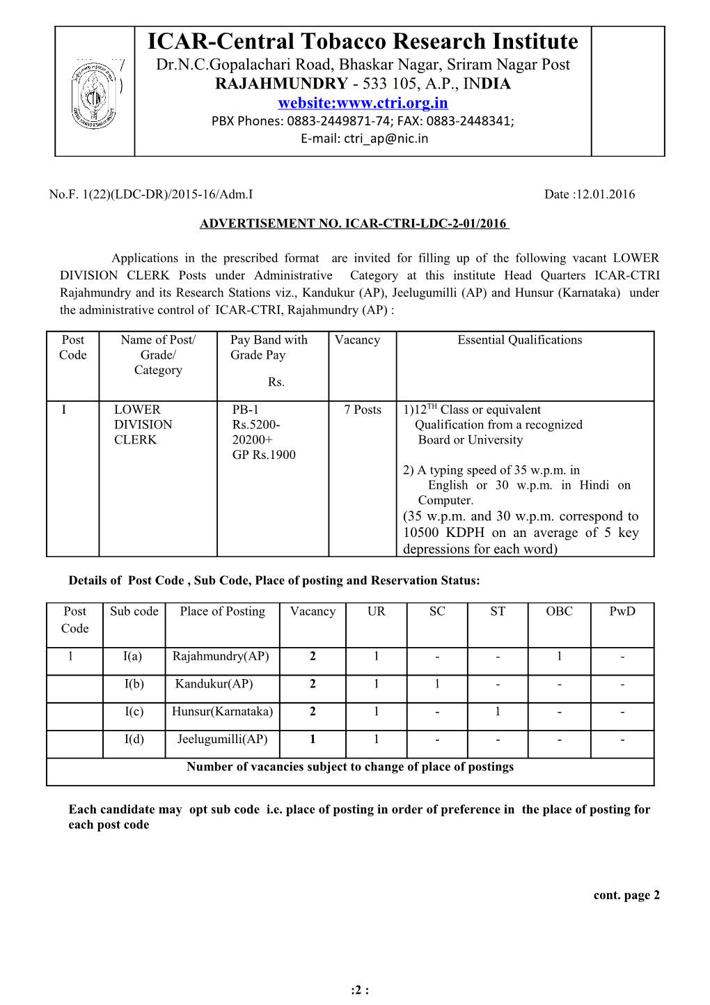 Advertisement No. Icar-Ctri-Ldc-2-01/2016