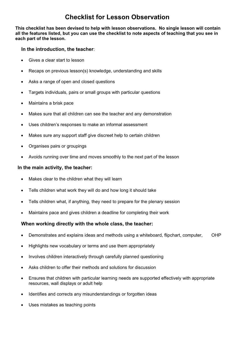 National Numeracy Strategy: Teaching Checklist