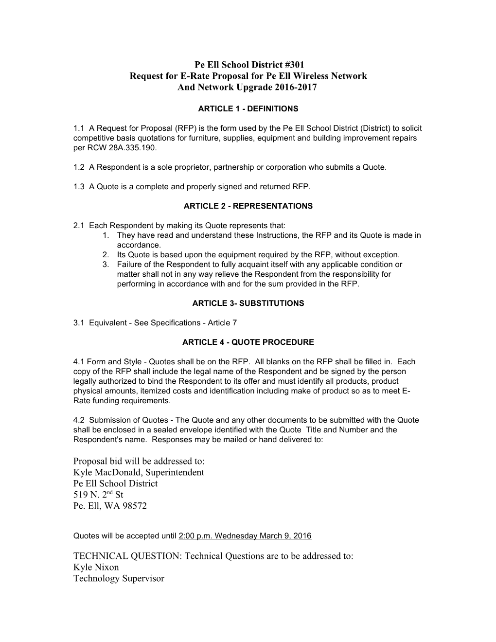Request for E-Rate Proposal Forpe Ellwireless Network