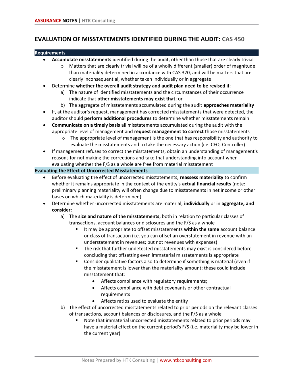 ASSURANCE NOTES HTK Consulting