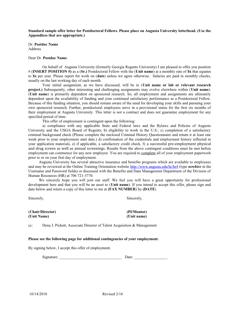 Standard Sample Offer Letter for Postdoctoral Fellows. Please Place on Augusta University