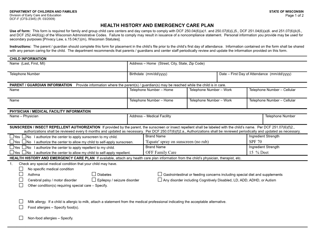 Health History and Emergency Care Plan, DCF-F (CFS-2345)