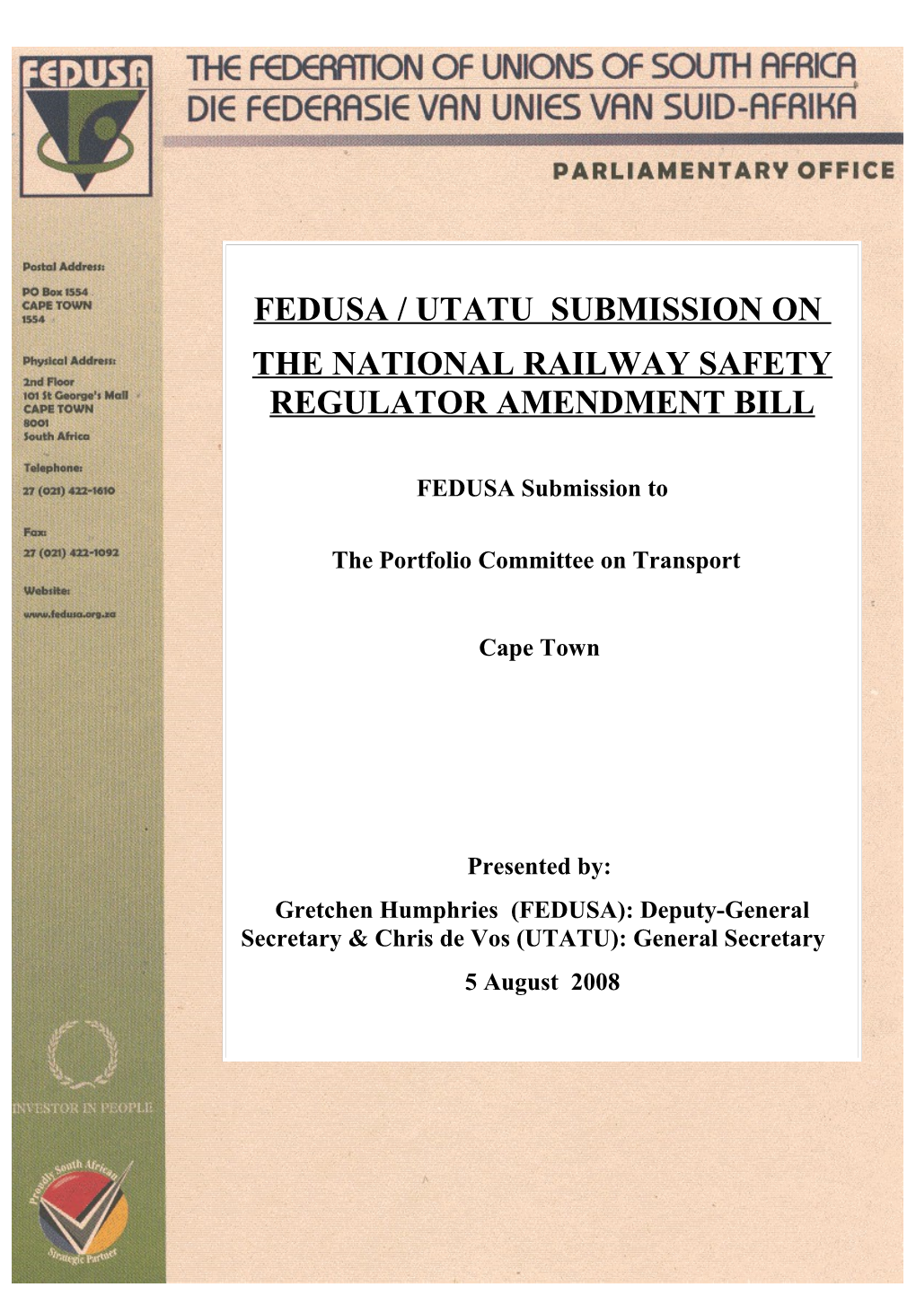 Submission to Portfolio Committee on Transport on the National Railway Safety Regulator