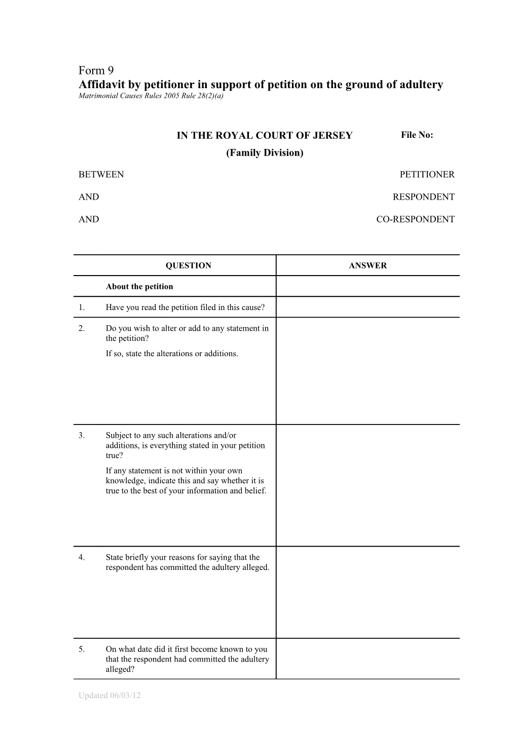 Form 9 - Affidavit by Petitioner in Support of Petition on the Ground of Adultery