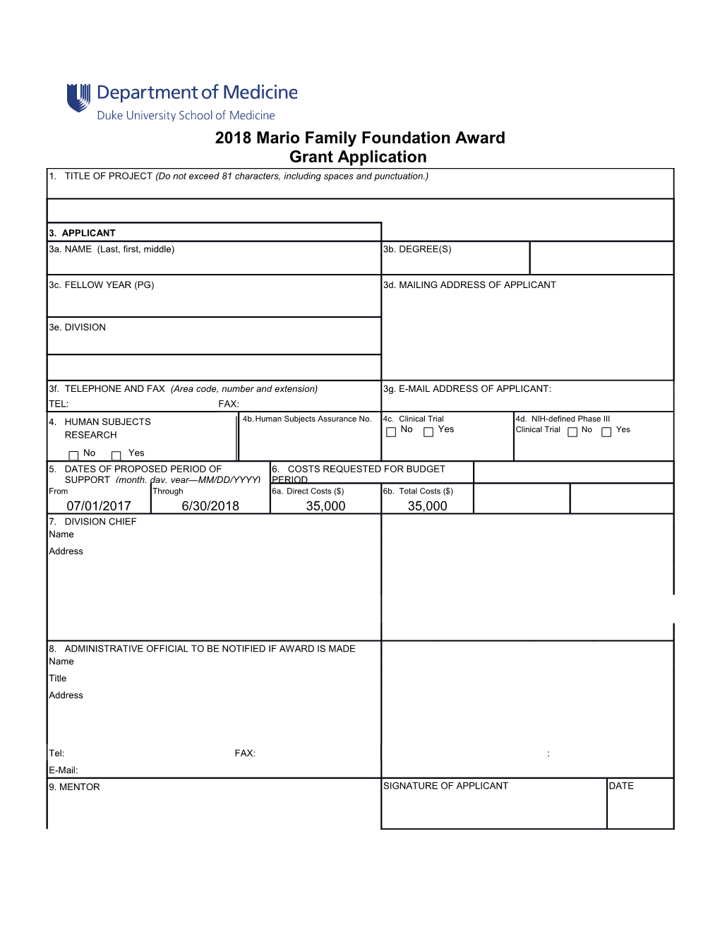 Detailed Budget for Initial Budget Period