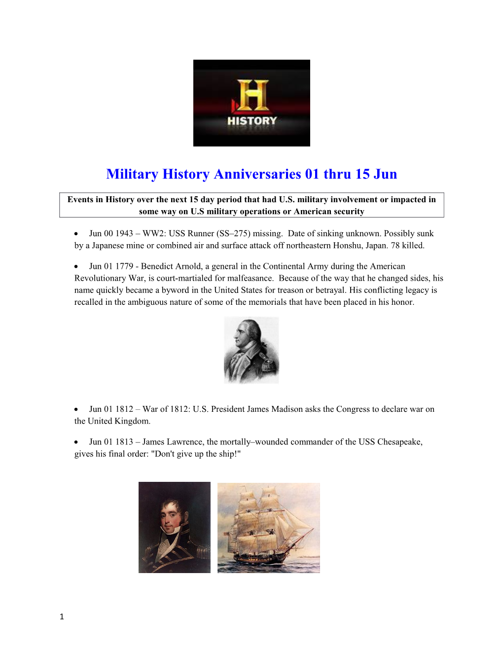 Military History Anniversaries01thru 15Jun