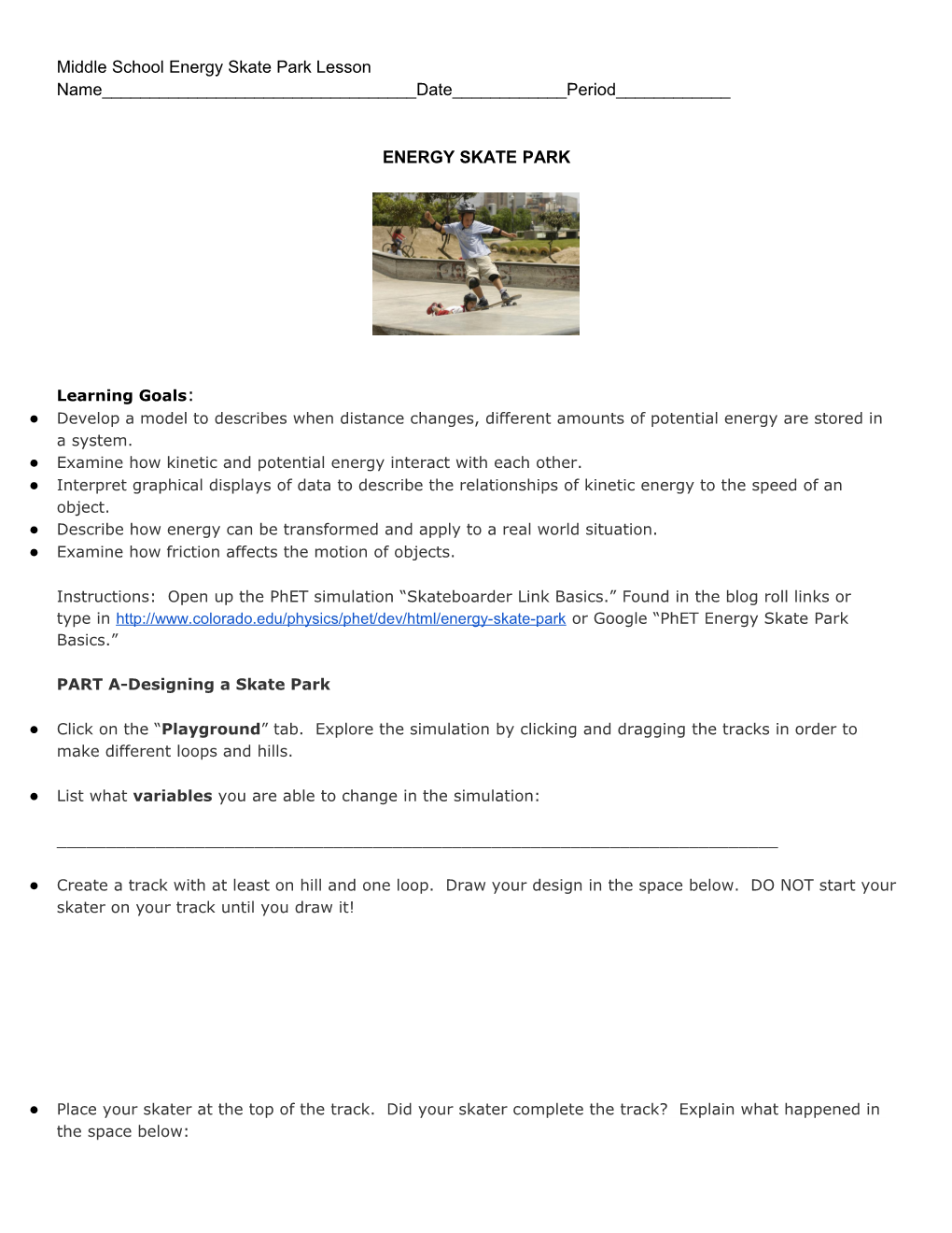 Middle School Energy Skate Park Lesson