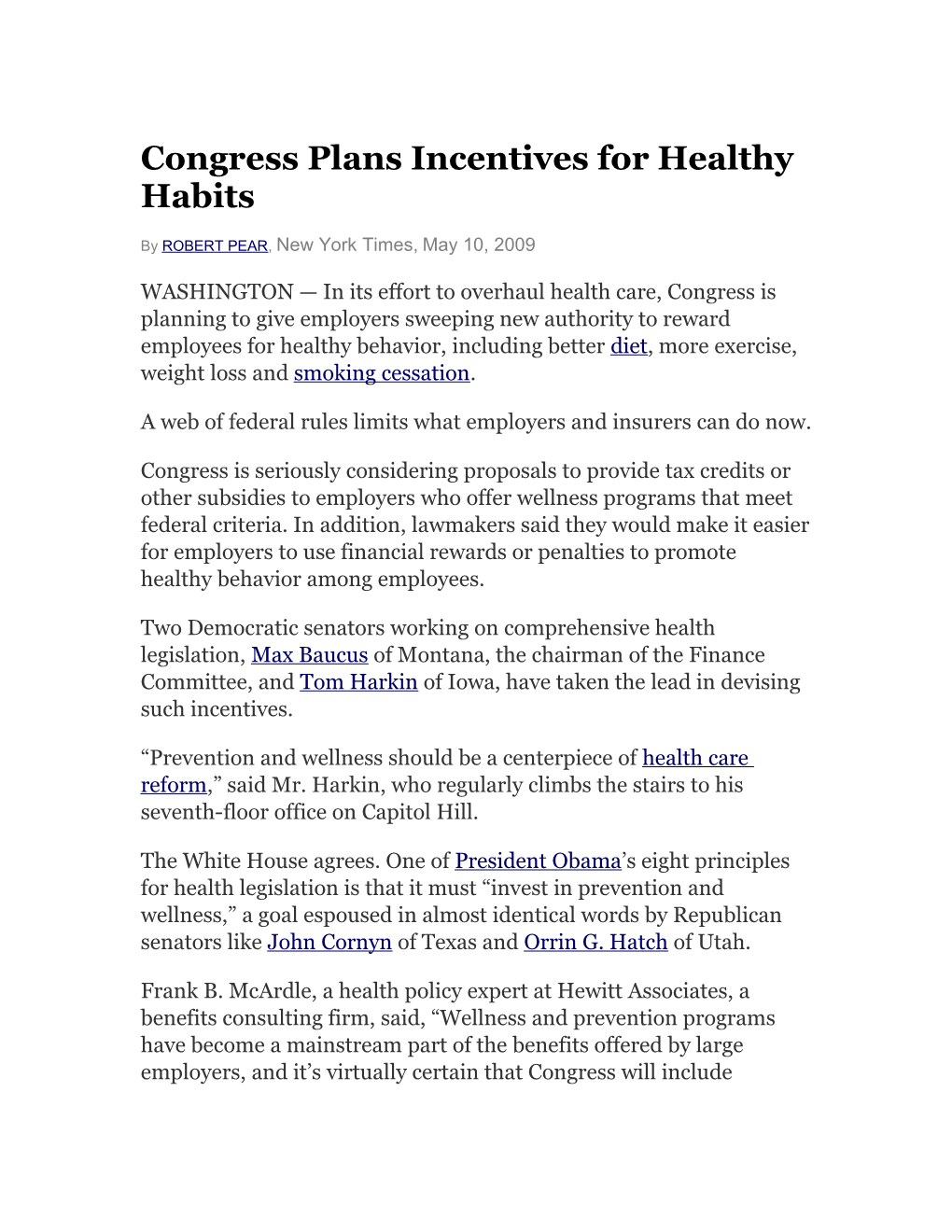 Congress Plans Incentives for Healthy Habits