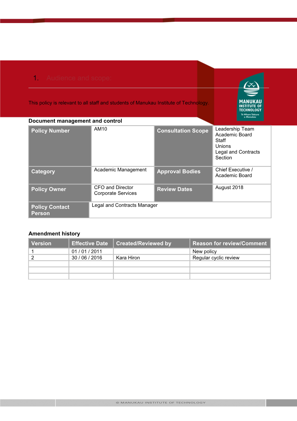 Manukau Institute of Technology (MIT) Policy Template