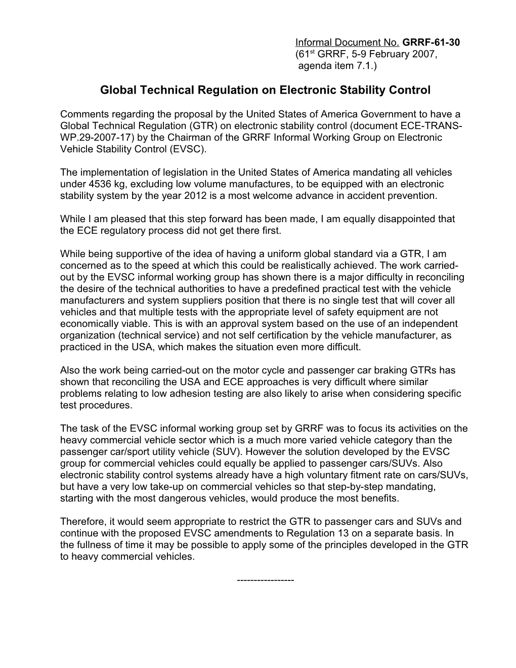 Global Technical Regulation on Electronic Stability Control